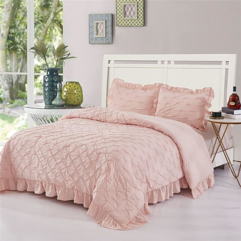 Comforter set with ruffled trim - 85gsm microfiber solid,  filled with 200gsm poly, with invisible quilting technique